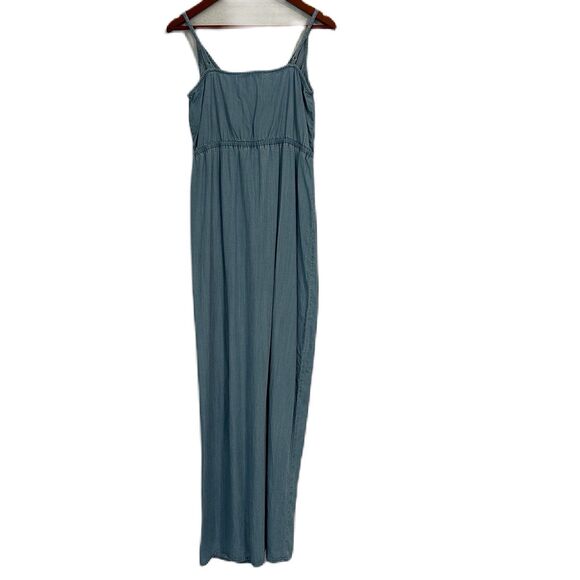 Lovestitch Sundress Women L Blue Chambray Maxi Straps Slit Preppy Boho Beach - Picture 2 of 12